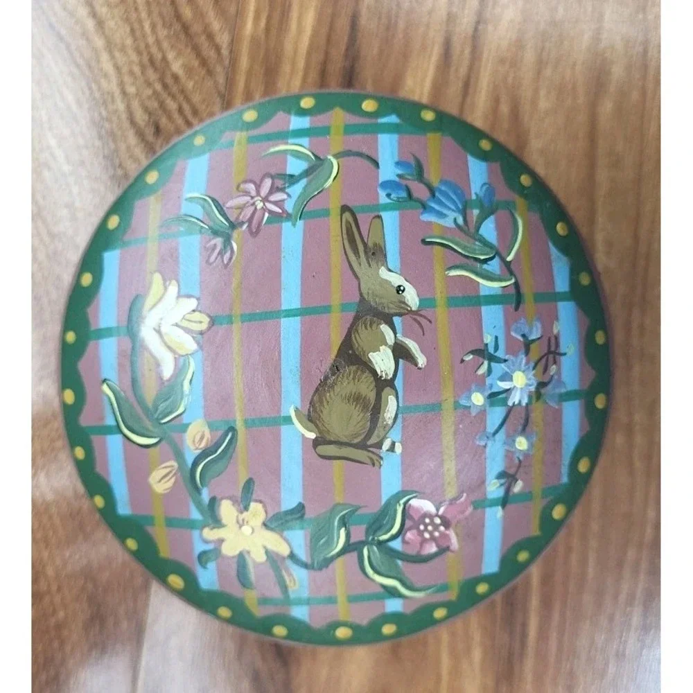 Vtg 90s Hallmark Easter Wooden‎ Trinket Box Bunny Rabbit Floral Painted Jewelry